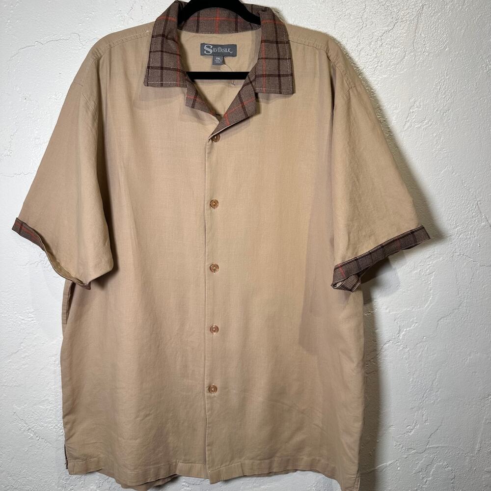 NWOT Silversilk XXL Linen Cotton Blend Short Sleeve Button Down Tan Camel